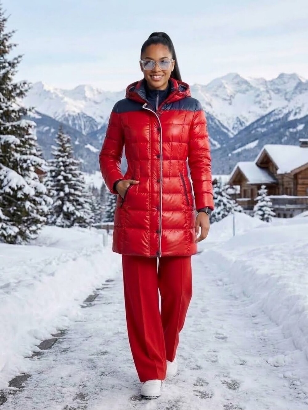 Snow Owl Hooded Quilted Belted Puffer Coat in Red with Navy Accents
